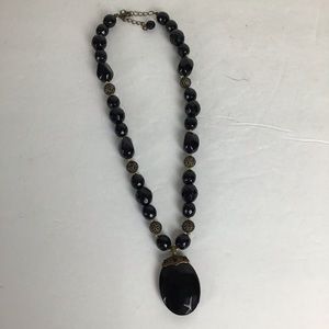 Black beaded statement necklace w/gold filigree